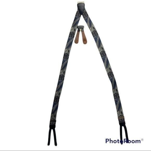 Vintage Trafalgar City Night Skyline Print Silk & Leather Braces Suspenders - Picture 1 of 5